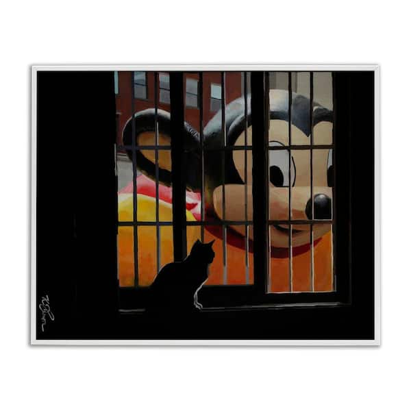 Stupell Industries Mouse Character Peering at Cat by Keith Thomson White Framed Animal Giclee Art Print 11 in. x 14 in.
