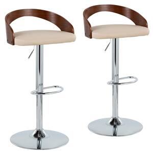 Grotto 39 in. Cream Faux Leather, Walnut Wood and Chrome Metal Adjustable Bar Stool with Oval Footrest (Set of 2)