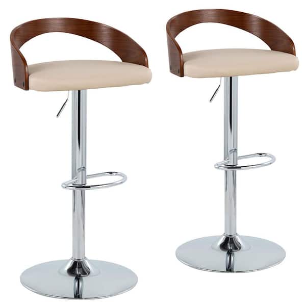 Lumisource Grotto 39 in. Cream Faux Leather, Walnut Wood and Chrome Metal Adjustable Bar Stool with Oval Footrest (Set of 2)