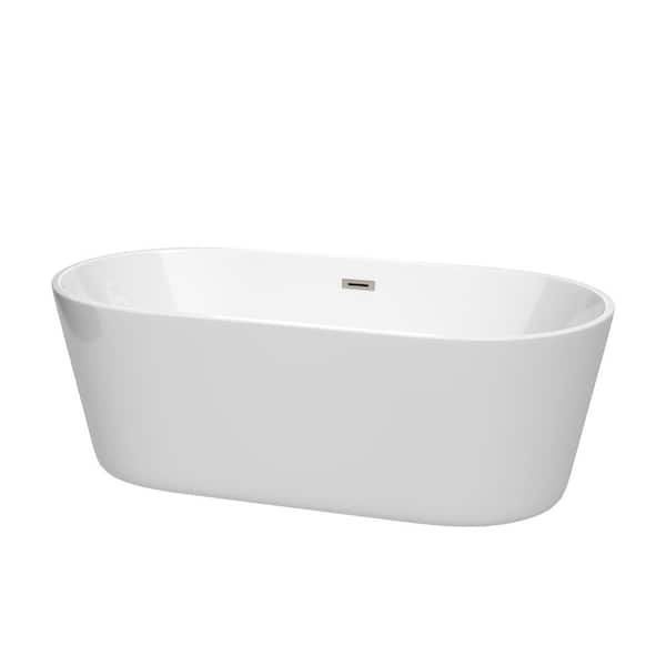 Wyndham Collection Carissa CD 67 in. x 31.5 in. Soaking Bathtub with Center Drain in White with Brushed Nickel Trim