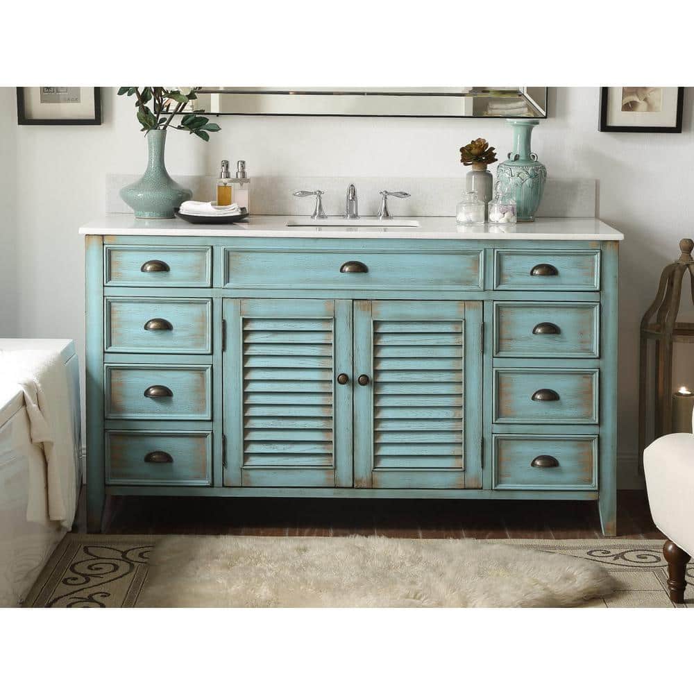 Abbeville 60 in. W x 21.5 in D. x 34 in. H White Marble Vanity Top in Distressed Blue with White Under mount Sink Vanity price history on PriceWatchPro