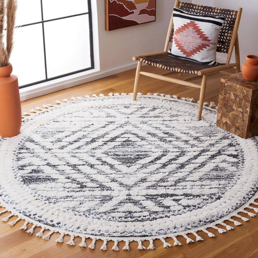 Moroccan Tassel Shag 7 ft. x 7 ft. Ivory/Gray Diamond Fringe Round Area Rug price history on PriceWatchPro