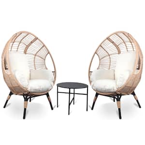 3-Piece Brown PE Wicker Outdoor Lounge Chair with Beige Cushions and Side Table