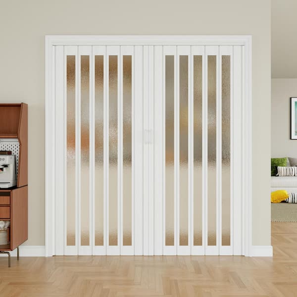 Blackout Door 72 in. x 80 in. White Dual 1-Lite PVC Accordion Door with Frosted Acrylic Glass with Hardware Kit
