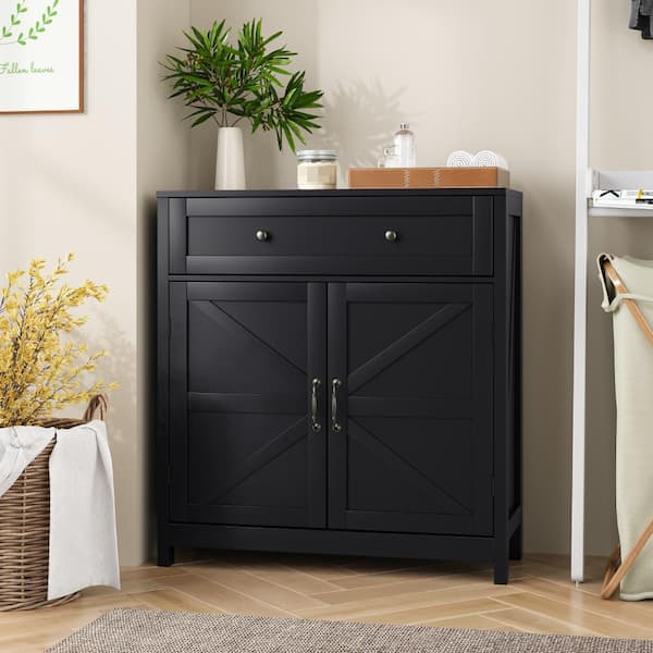 Farmhouse Sideboard Buffet with Drawer, Adjustable Shelf & Barn Door, Black Accent Storage Cabinet