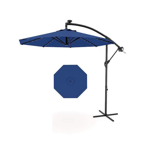 10 ft. Metal Pole Solar LED Lighted Cantilever Offset Patio Umbrella in Navy Blue with Tilt Adjustment and Cross Base