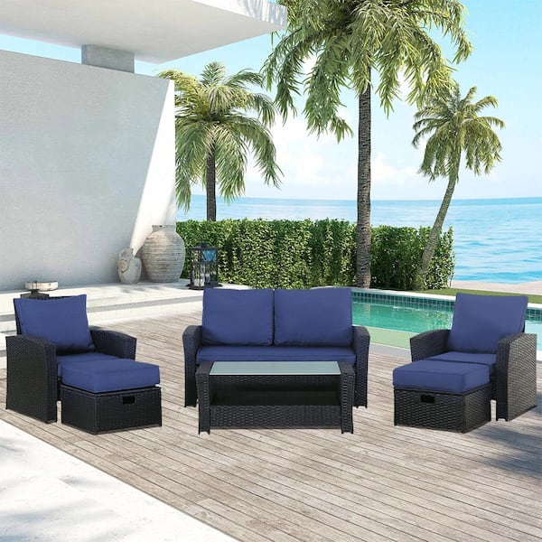 Unbranded 6-Piece Black Wicker Rattan Patio Outdoor Sectional Set with Coffee Table, Wicker Sofas, Ottomans, Removable Cushions