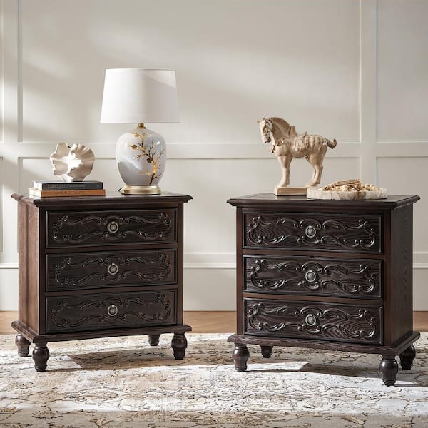 Isaac Walnut 3-Drawer 26 in. W Nightstand with Cable Management and Charging Station (Set of 2)