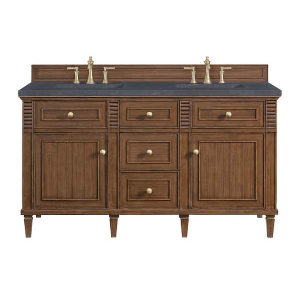 James Martin Vanities Lorelai 60.0 in. W x 23.5 in. D x 34.06 in. H Double Bath Vanity in Mid-Century Walnut & Charcoal Soapstone Quartz Top
