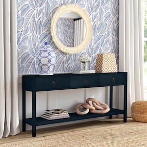Lark 65 in. Navy Blue Rectangular Wood Console Table with 3 Drawers