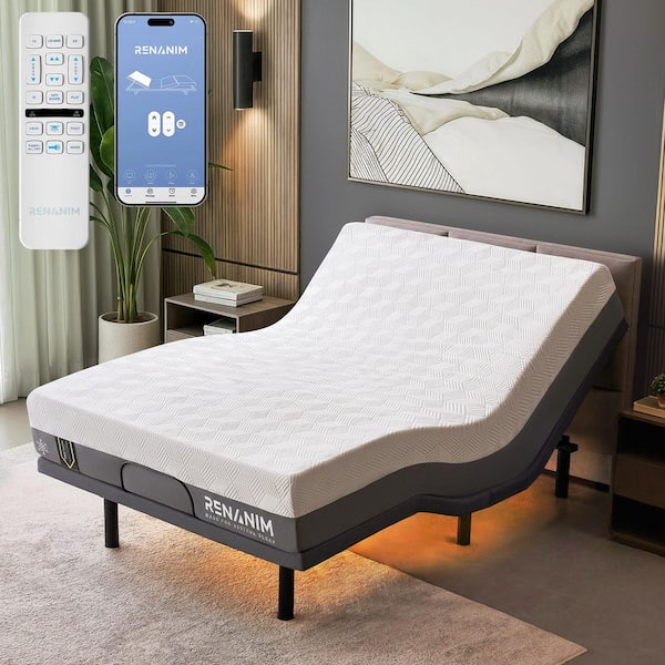 Gray Queen Adjustable Bed Frame + 10 in. Cooling Gel Memory Foam Mattress-Massage, USB, Under Bed Light, APP, Remote