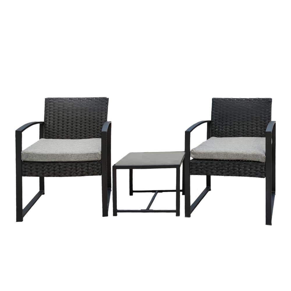 2 Black Wicker Outdoor Recliner with Gray Cushion &Small Table