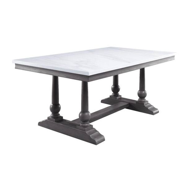 Benjara White and Gray Marble Top Trestle Base Dining Table Seats 6 ...
