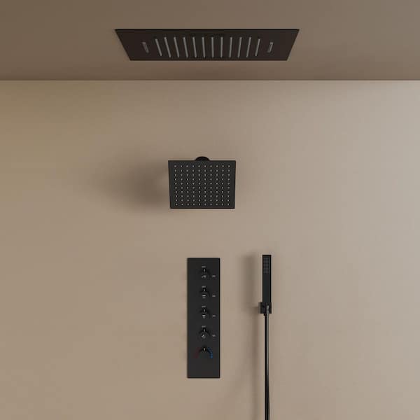 GRANDJOY Aurora 20 in. Quintuple Handles 4-Spray Shower Faucet 2.5 GPM with LED, Bluetooth, Anti Scald Handheld in Matte Black