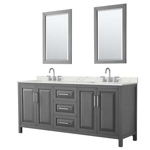 Wyndham Collection Daria 80 in. W x 22 in. D x 35.75 in. H Double Bath Vanity in Dark Gray with Giotto Quartz Top and 24 in. Mirrors