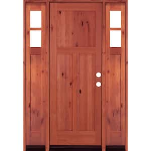 60 in. x 96 in. Alder 3 Panel Left-Hand/Inswing Clear Glass Red Chestnut Stain Wood Prehung Front Door with Sidelites
