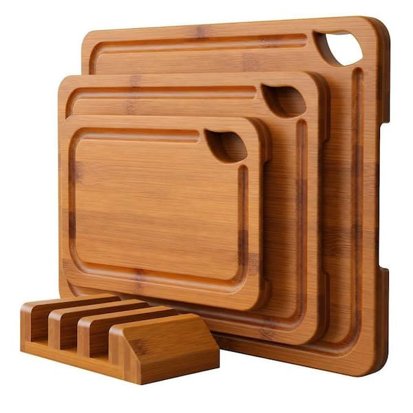 3-Piece Deep Carbonized Bamboo Cutting Board Set with Stand, Reversible Charcuterie Board with Juice Grooves and Grips
