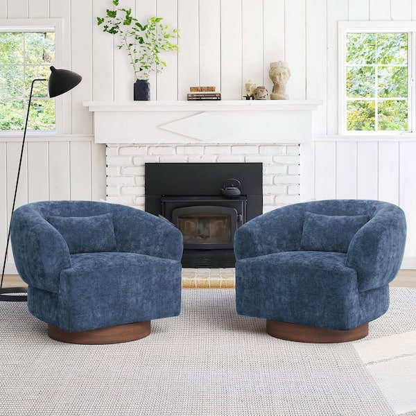 Gako 32in Dark Blue Chenille Fabric Upholstered Solid Wood Frame 360° Swivel Round Accent Chair(set of 2)