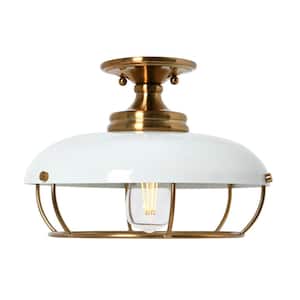 Presley 1-Light Brushed Brass and White Caged Metal Semi-Flush Mount Ceiling Light