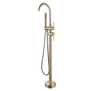 Freestanding 2-Handle Floor Mounted Roman Tub Faucet Bathtub Filler with Hand Shower in Gold