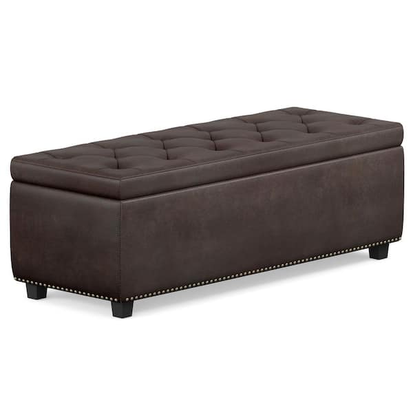 Hamilton 48 in. Wide Transitional Rectangle Storage Ottoman in Distressed Brown Vegan Faux Leather, Assembled