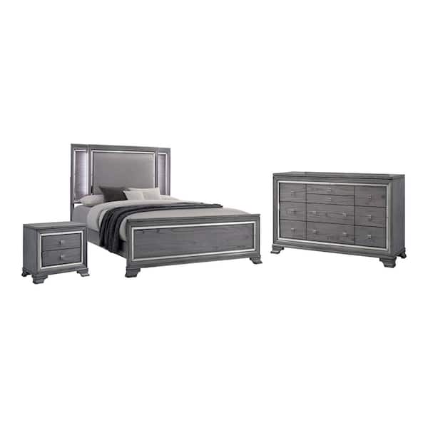 Furniture of America Tannon 3-Piece Light Gray California King Wood Bedroom Set, Bed, Nightstand and Dresser