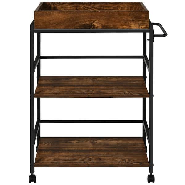 ANGELES HOME 23 1/2 in. W x 16 in. D x 34 in. H Brown Metal Rolling Kitchen Cart Trolley Bar Serving Cart with Lockable Casters