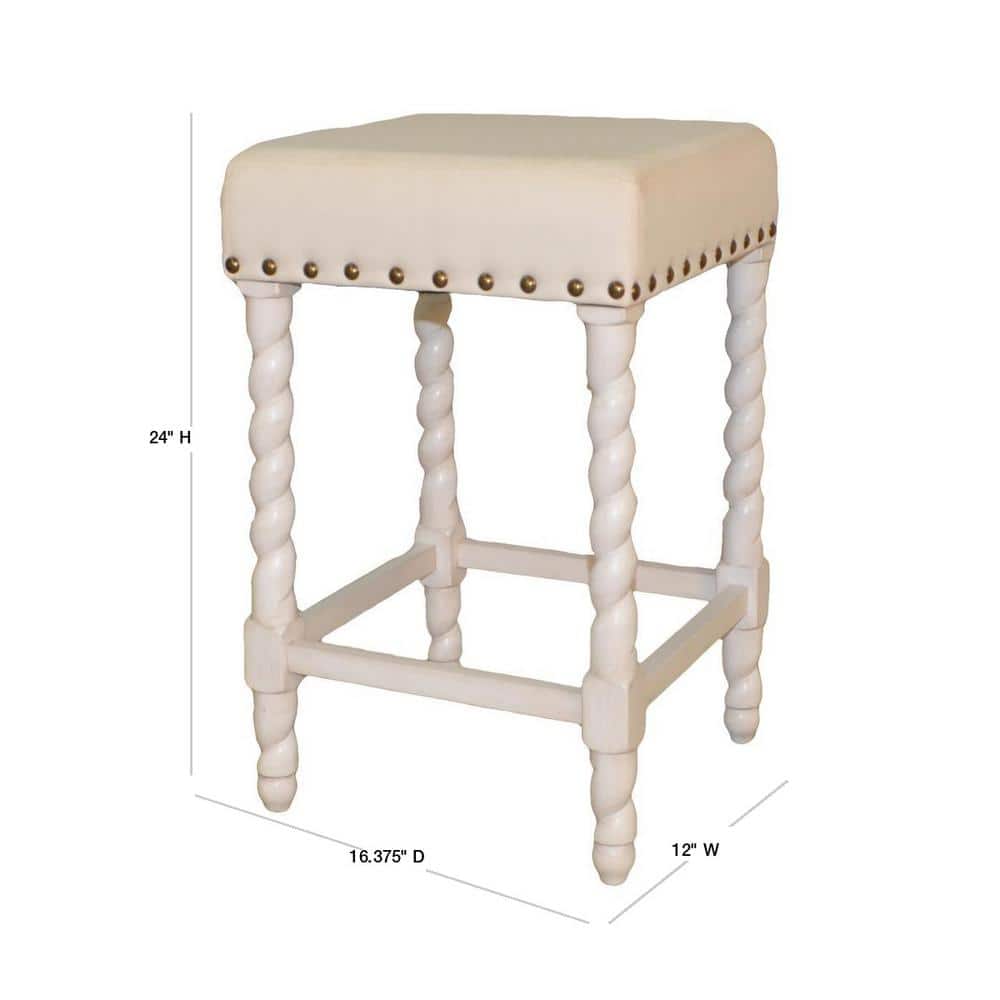 Vintage White Linen and Wood 32'' Backless Counter Stool