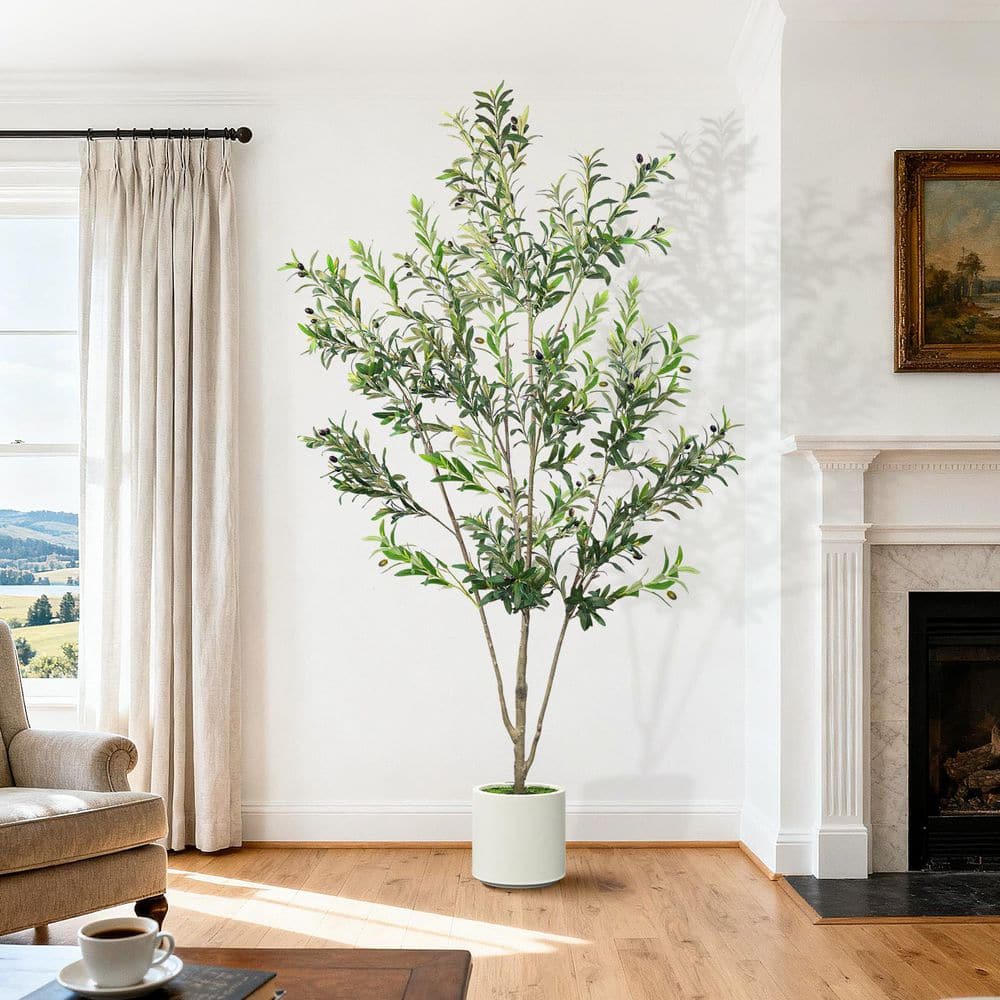 HOMEIBRO 8 ft. Artificial Olive Tree in White Planter, Lifelike