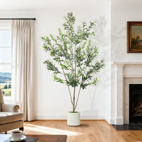 8 ft. Artificial Olive Tree in White Planter, Lifelike Faux Tree with Fruits and Moss for Home Office Decor