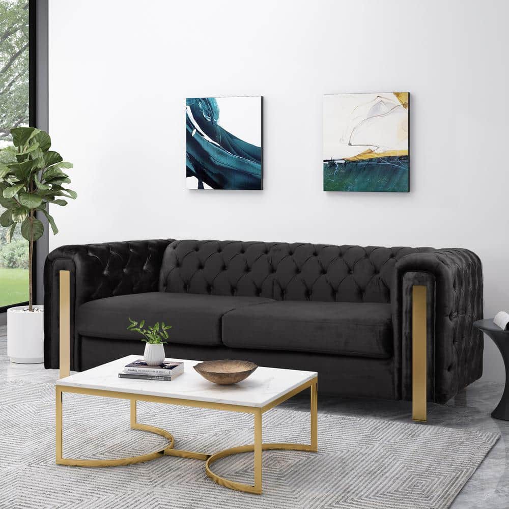 Elegant Modern Glam Black Velvet Tufted 3-Seater Sofa with Gold Accents
