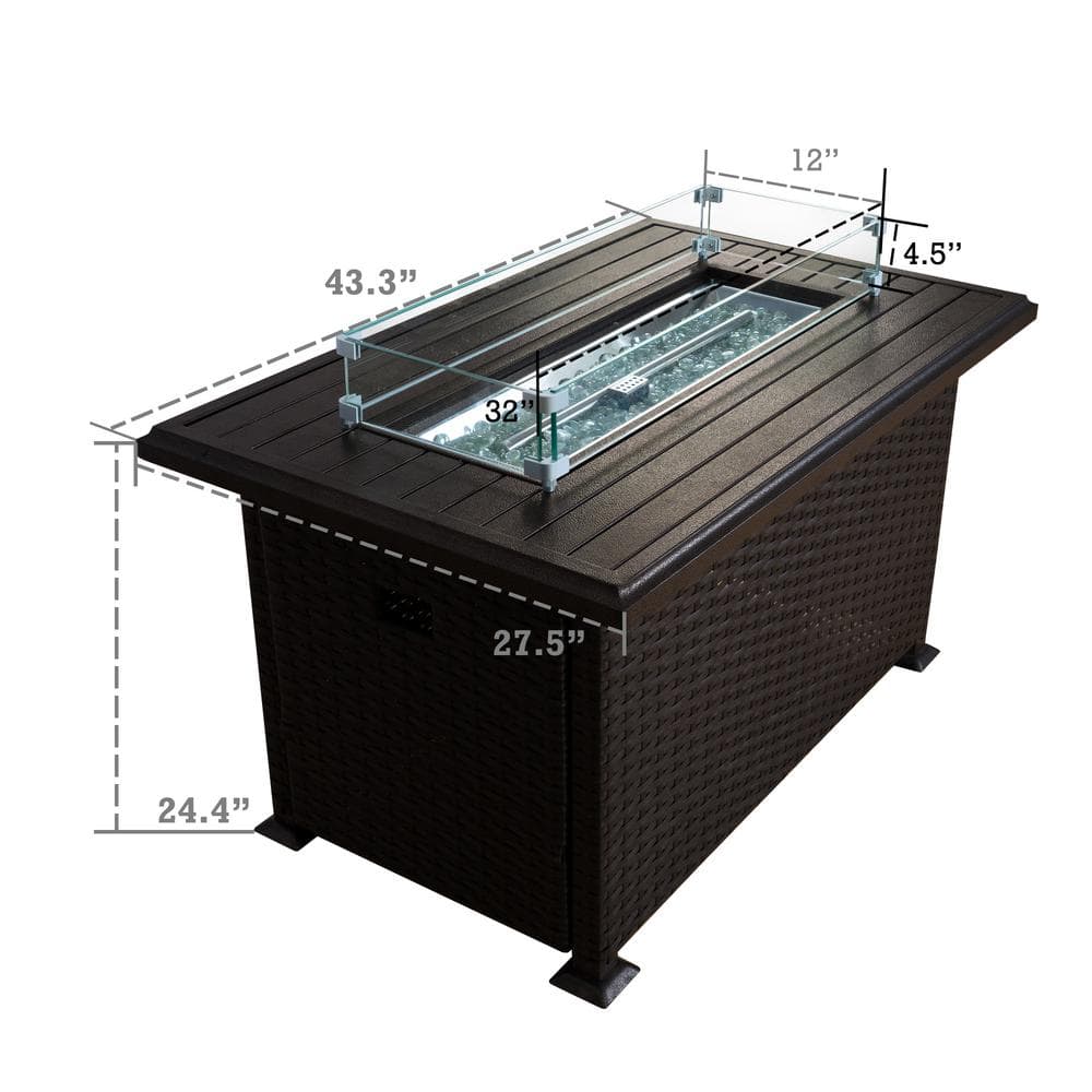 Brown Wicker Gas Fire Pit Table with Glass Wind Guard