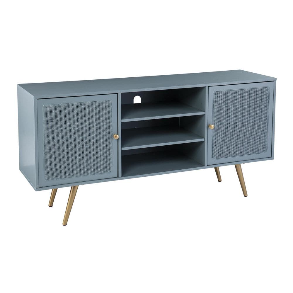 Teal Green and Gold Rattan Media Console with Adjustable Shelves
