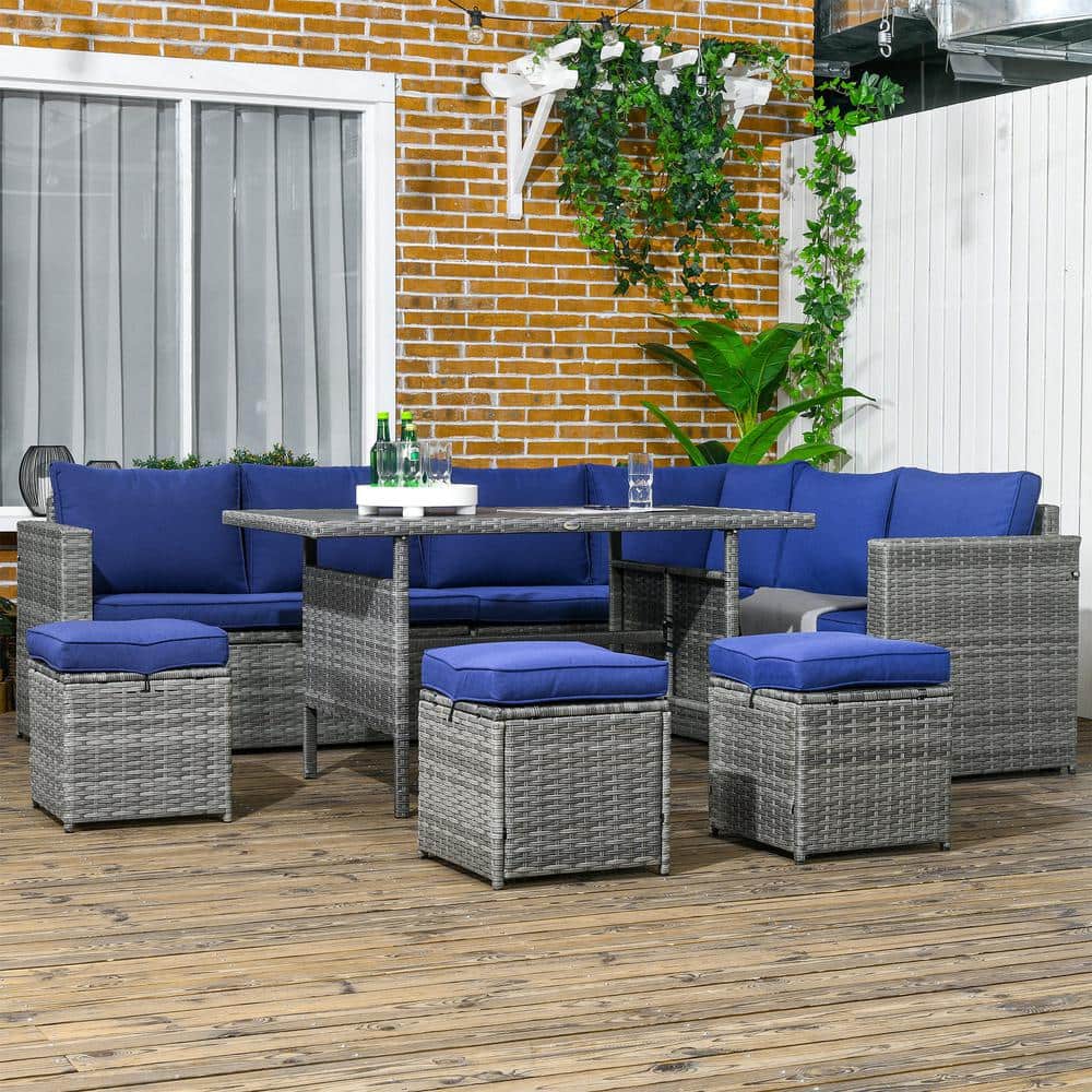 Outsunny 7-Piece Gray Wicker Patio Set with Blue Cushions