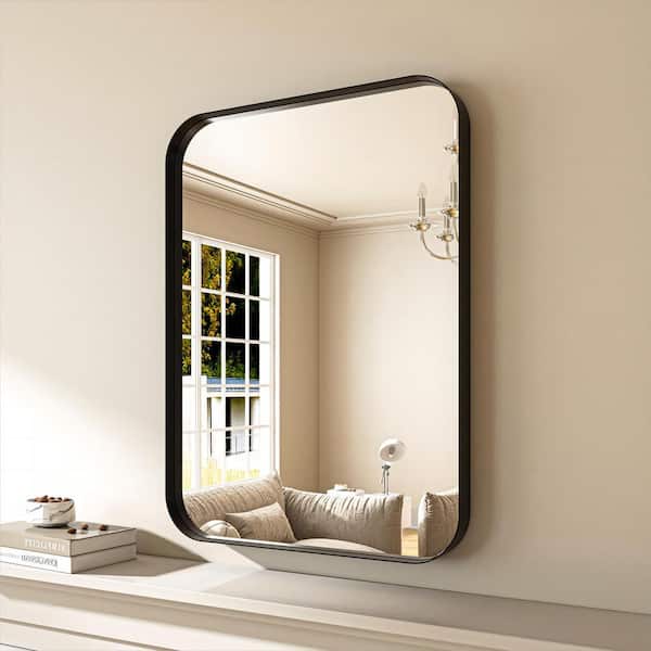 22 in. W x 30 in. H Black Aluminum Framed Modern Rounded Wall Mount Mirror
