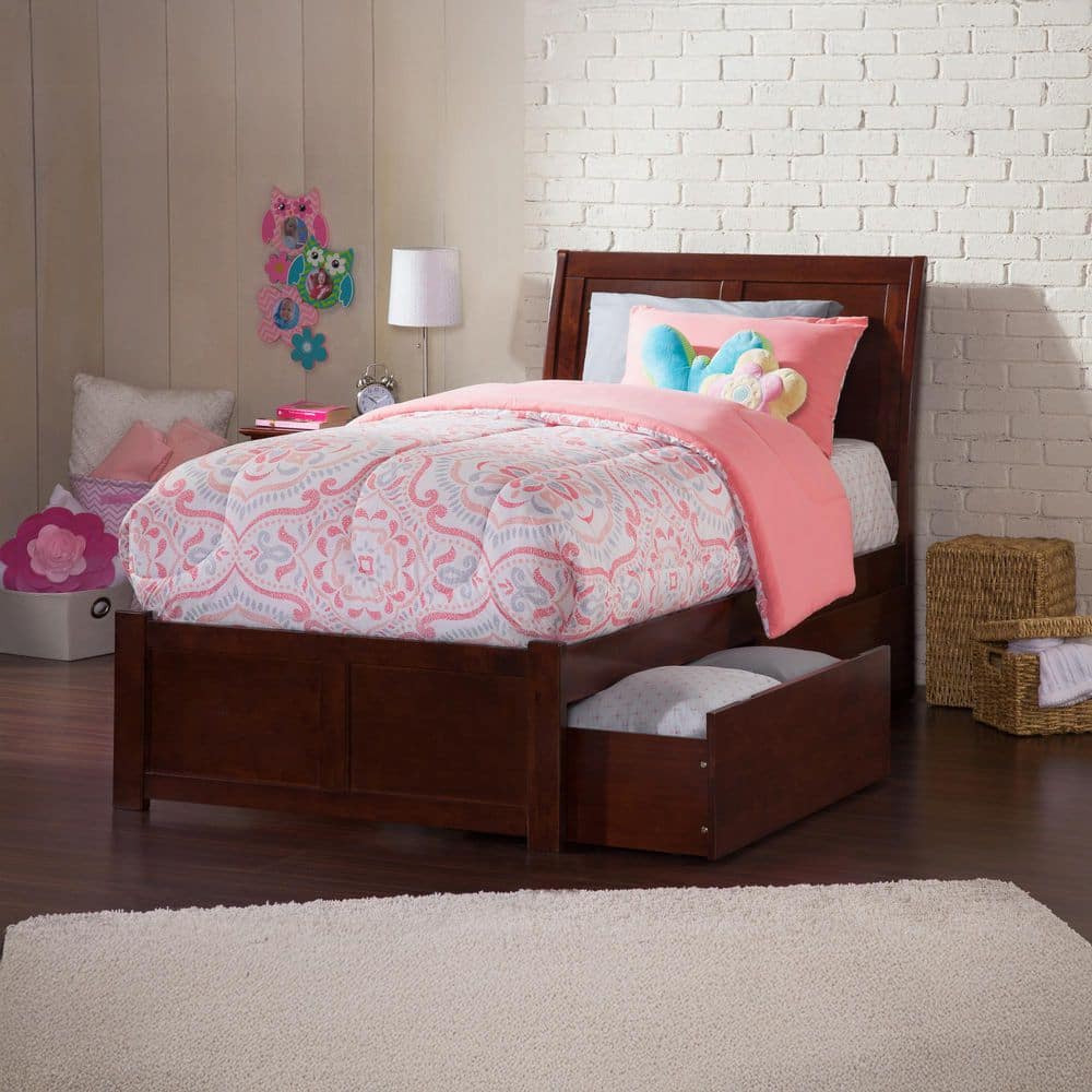 Portland Walnut Twin XL Solid Wood Storage Platform Bed with Flat Panel Foot Board and 2 Bed Drawers price history on PriceWatchPro