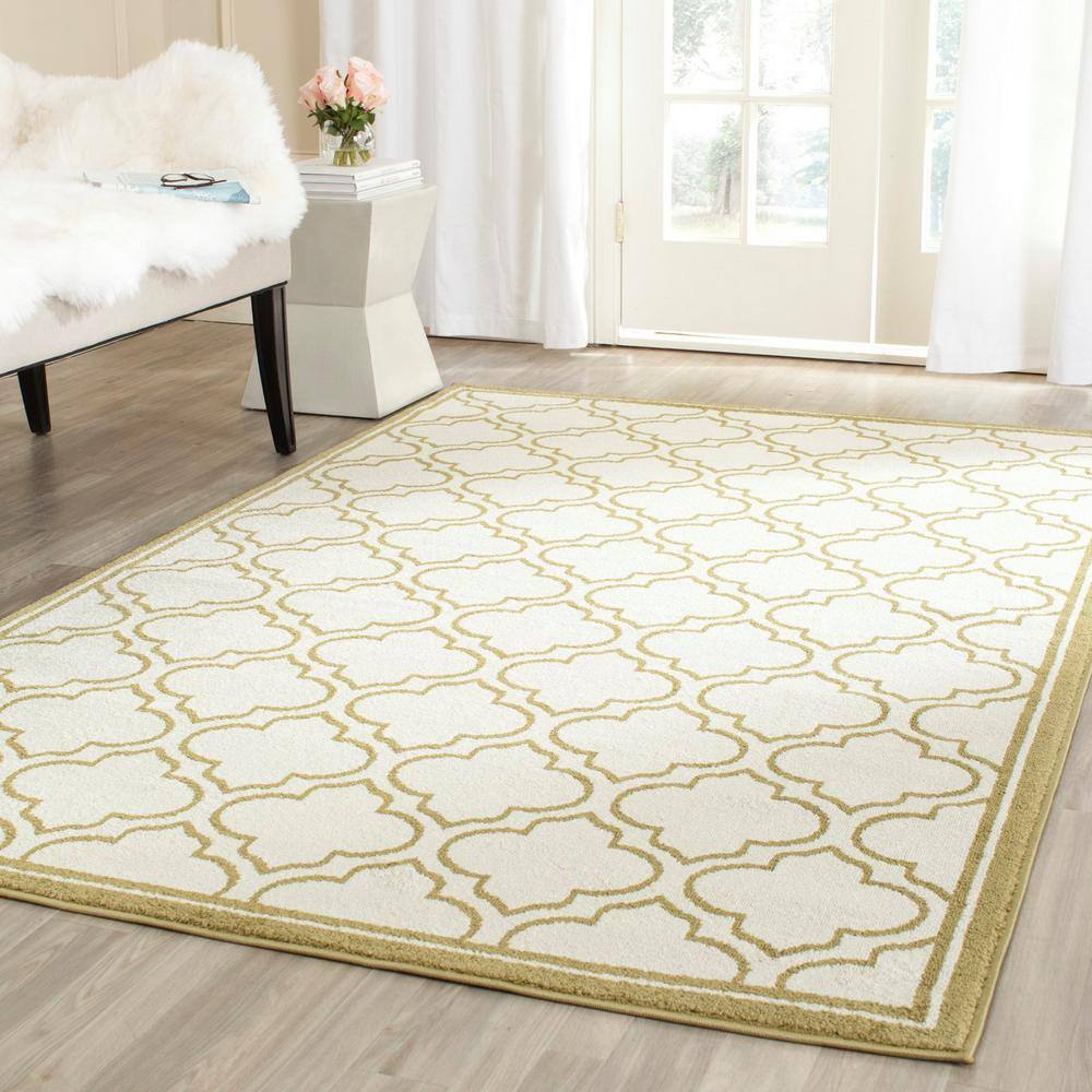 Ivory and Light Green Hand-Knotted Geometric Synthetic Area Rug, 6' x 9'
