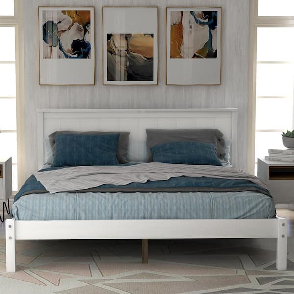 ANBAZAR Full Size White Platform Bed Frame with Headboard, Wood Slat Support, No Box Spring Needed