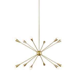 Jax 12-Light Burnished Brass Mid-Century Modern Hanging Sputnik Chandelier with Swivel Canopy