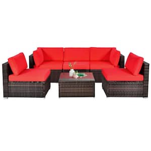 6-Piece Wicker Patio Conversation Set Outdoor Rattan Sofa Set with Red Cushions for Garden