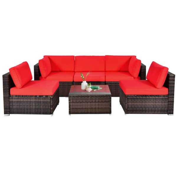 Clihome 6-Piece Wicker Patio Conversation Set Outdoor Rattan Sofa Set with Red Cushions for Garden