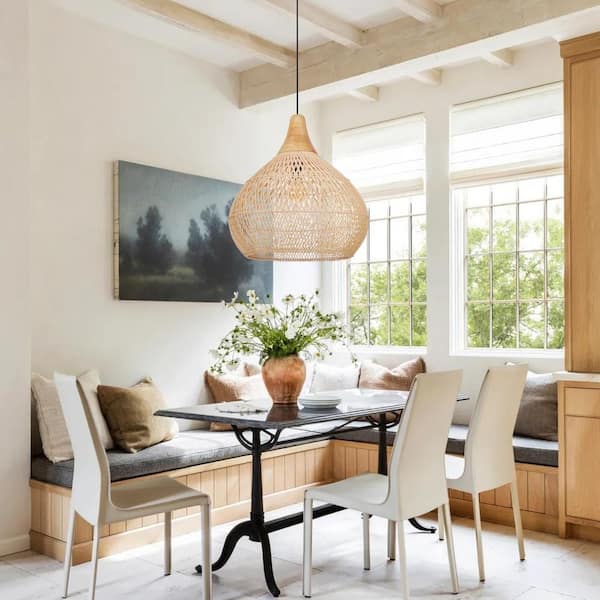 1 Light Natural Brown Hand-Woven Rattan Pendant Light with Pear Shape, No Bulbs Included 20 in.