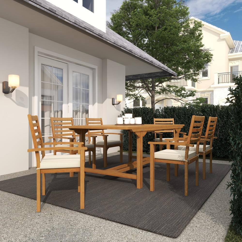 Brown Teak 7-Piece Outdoor Dining Set with White Cushions