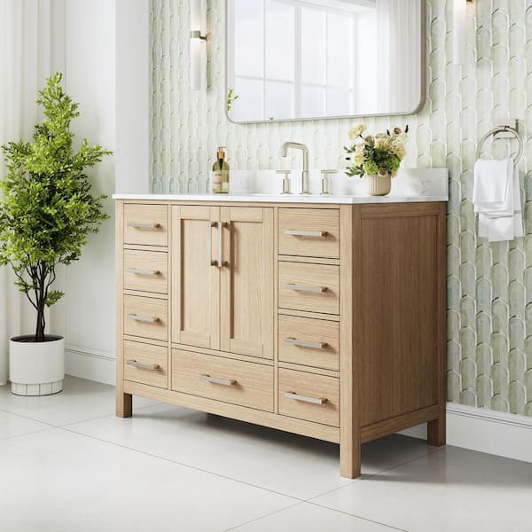 48 in. Freestanding Oak Solid Wood Bath Vanity with Durable Carrara White Cultured Marble Top, Soft-Close, Assembled
