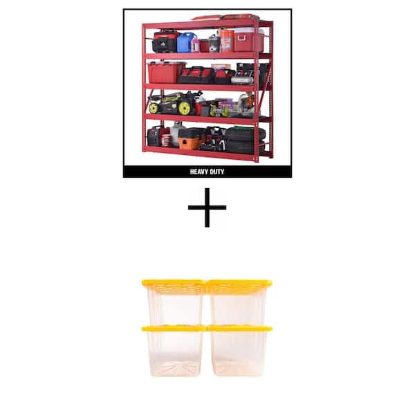 5-Shelf Red Metal Garage Shelving Unit (90 in.x90 in.x24 in.) and 27 Gal. Clear/Yellow Storage Tote Combo (4-Pack)