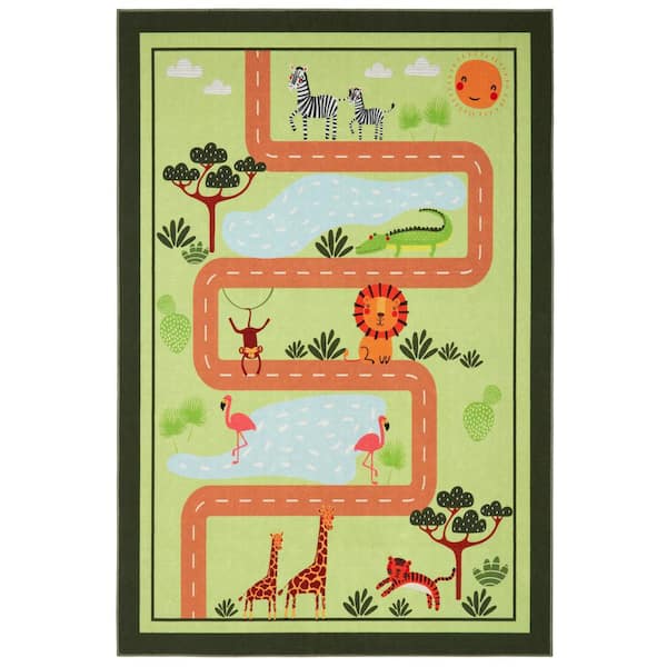 Everwash Imagine Jungle Road Green/Yellow 3 ft. x 5 ft. Kid's Washable Area Rug