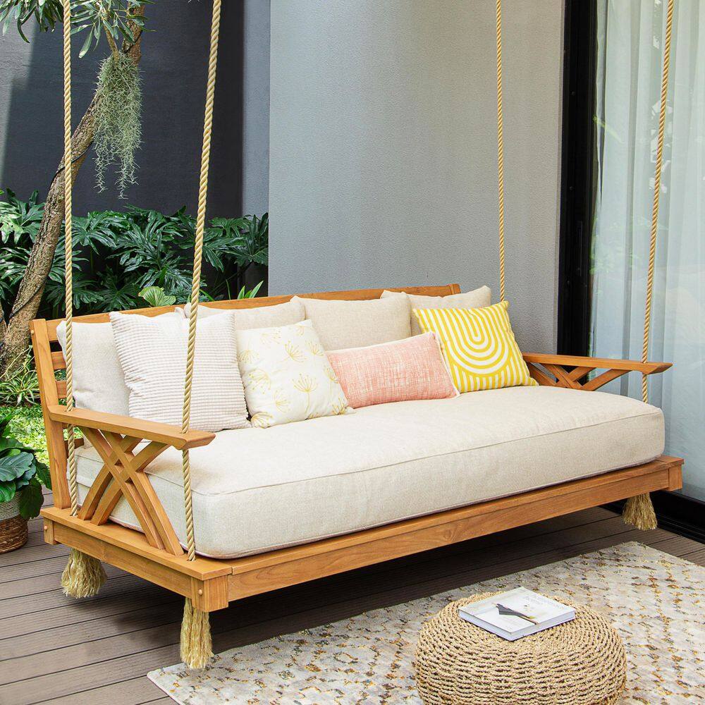 Barmel Teak Wood Outdoor Porch Daybed Swing in Tan Cushion price history on PriceWatchPro
