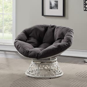 Papasan Chair with Grey Round Pillow Cushion and Cream Wicker Weave