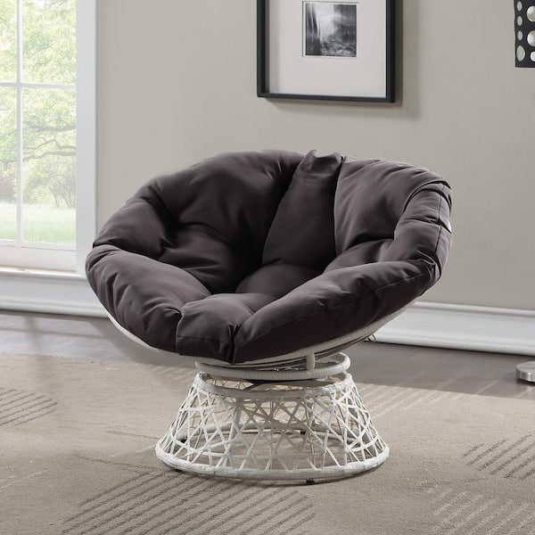 OSP Home Furnishings Papasan Chair with Grey Round Pillow Cushion and Cream Wicker Weave