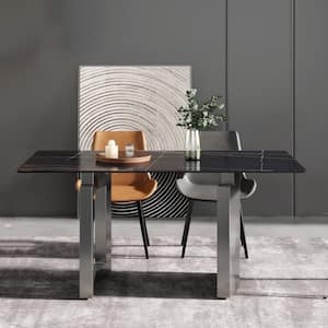 63 in. Sintered Stone Black Rectangle Top Double Pedestal 2-Grey Titanium Metal Base Dining Table (Seats-6)